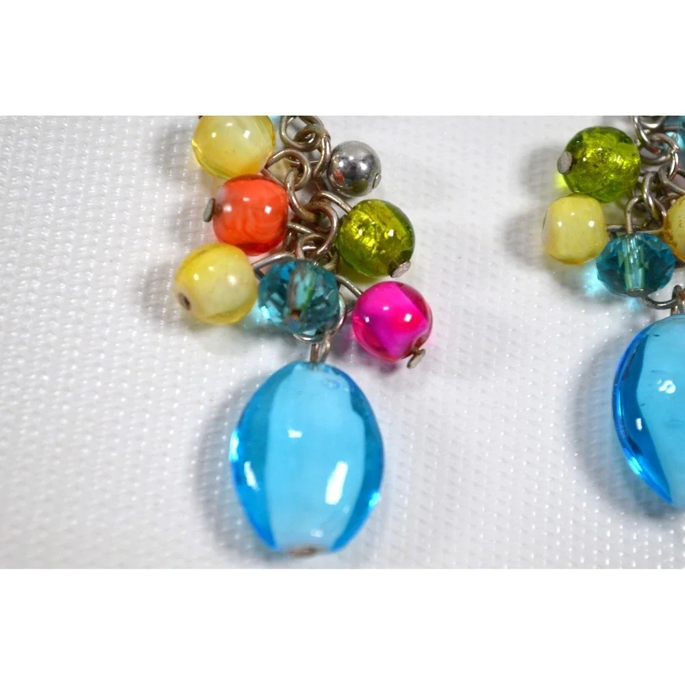 Silver Tone Hook Pierced Earrings Multi Color Glass & Plastic‎ Beads 2.5